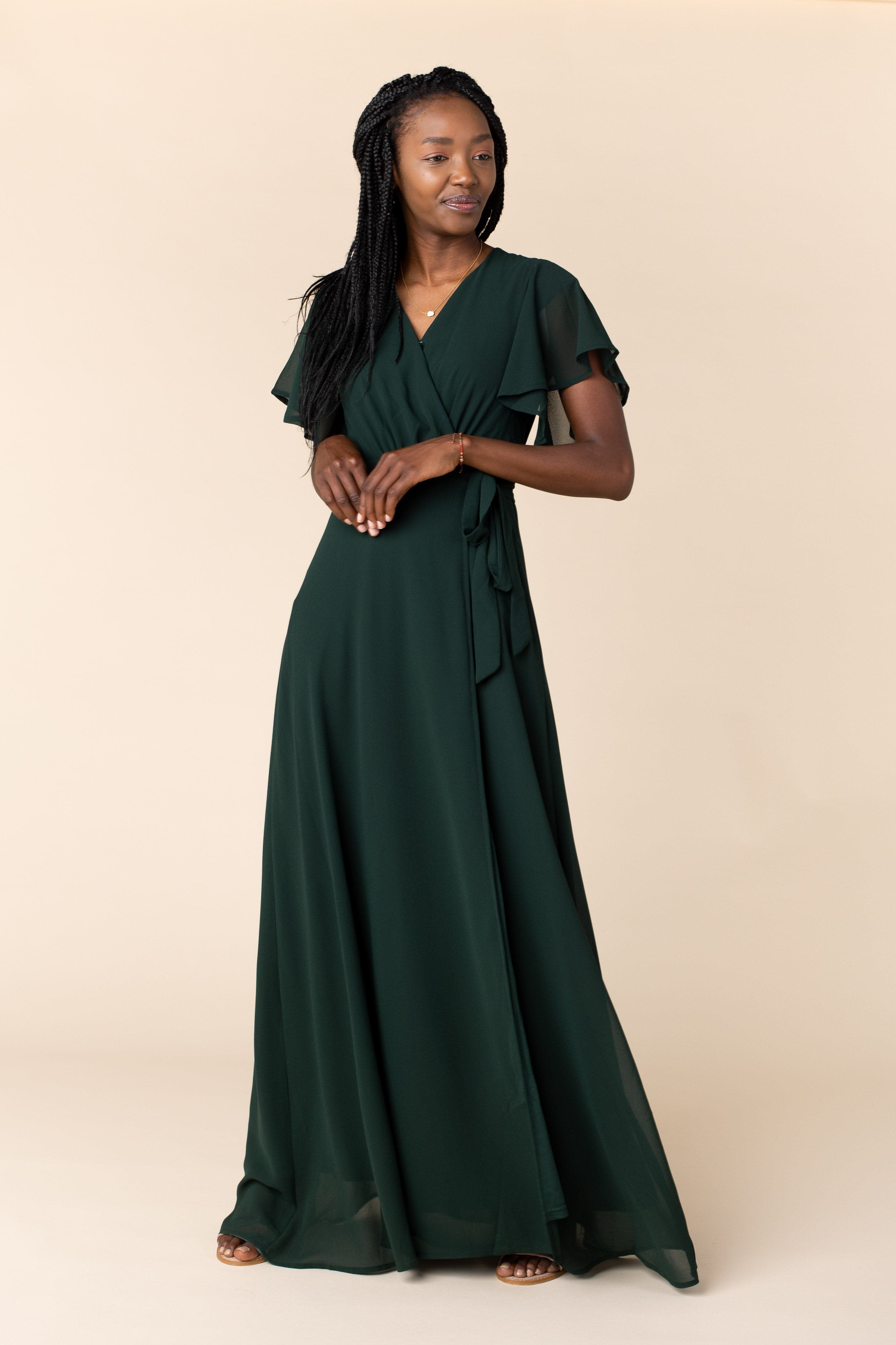 Naples Flutter Sleeve Wrap Maxi - Forest Green Bridesmaid Dress Arbor Forest Green L 